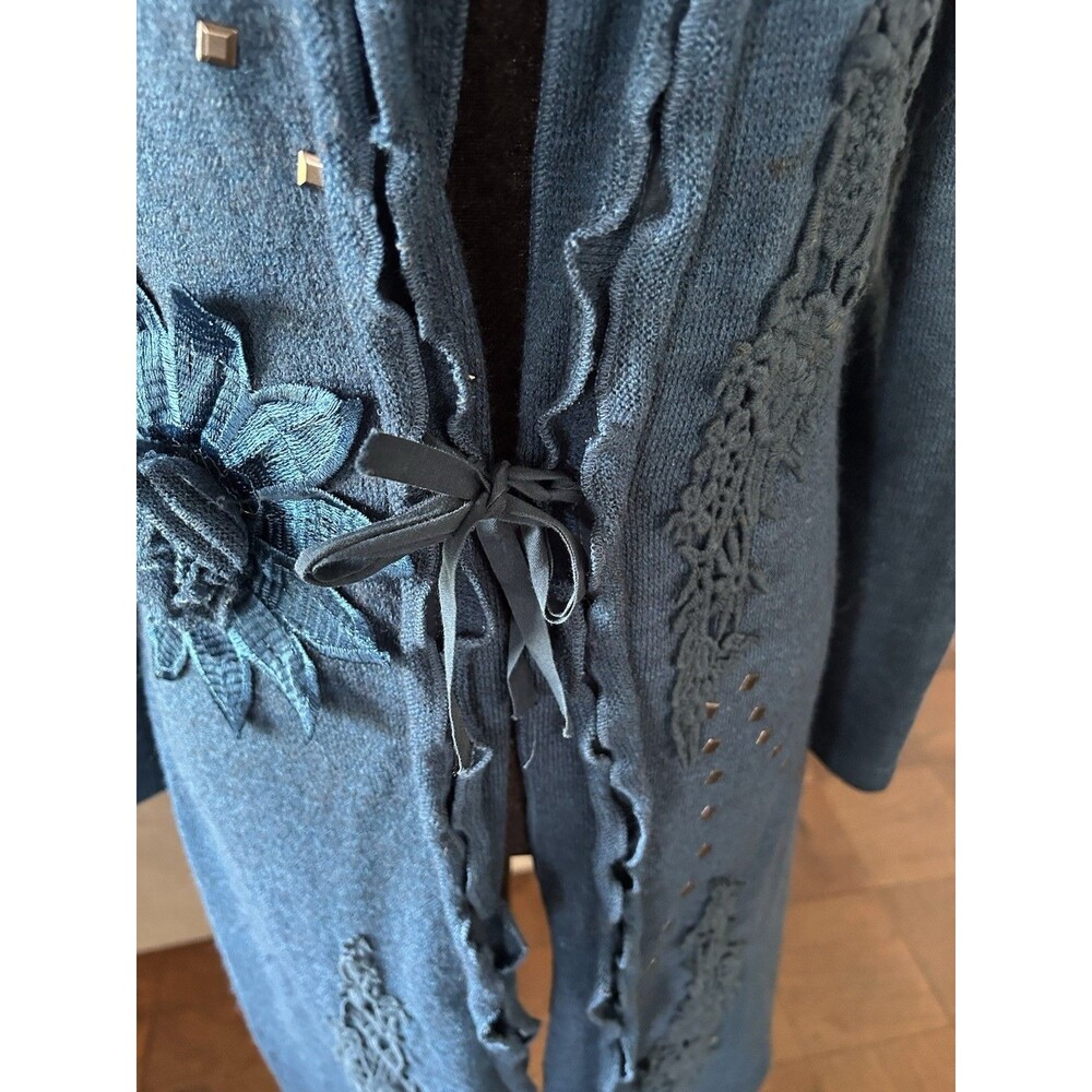Pretty Angel Boho Duster Cardigan  Linen Blend Blue Floral Lace Appliqué Size S - Picture 4 of 12